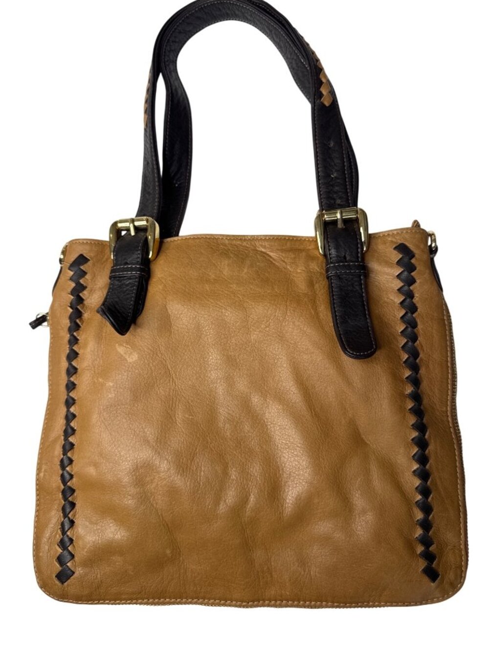 Zina Eva Brown & Black Leather Tote With Woven Strap Details & Zipper Top Closur